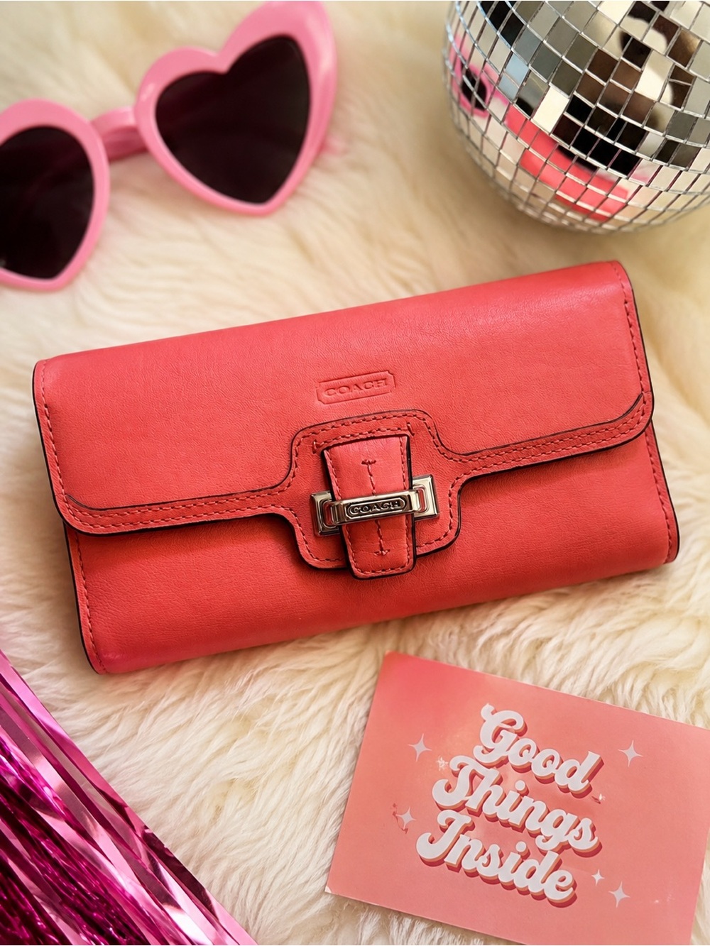 Coach Coral Leather Clutch with Polished Logo Buckle